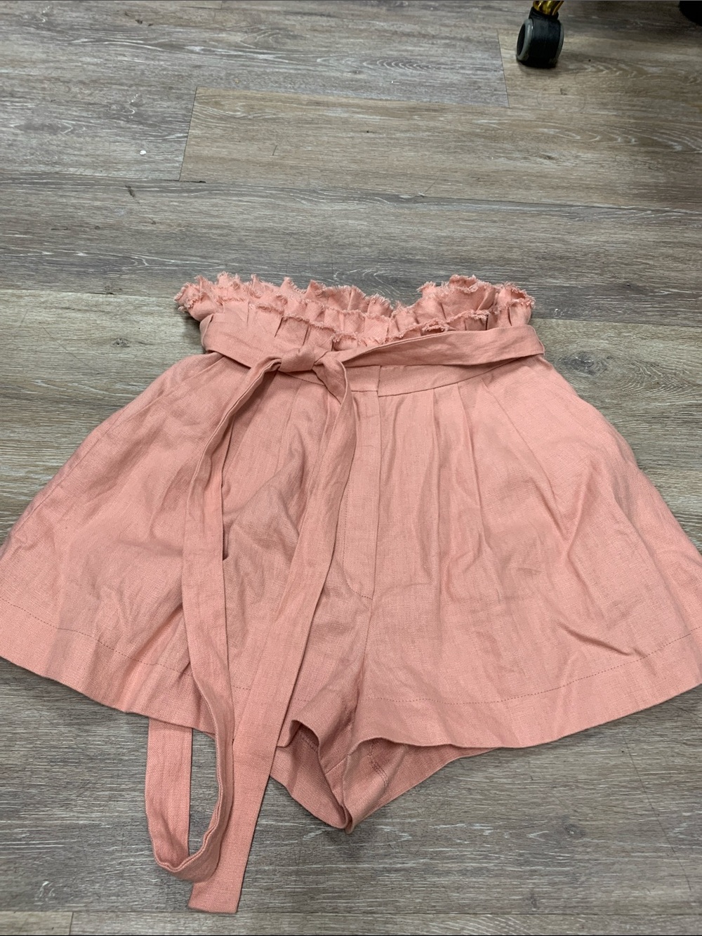 Alexis linen Coral Pink High-Waist Paperbag Shorts with Tie